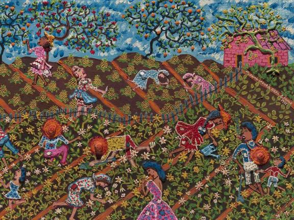A bright and bold mixed media painting depicting a number of people at work in agricultural fields.