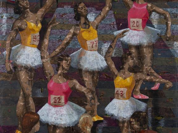 Derek Fordjour, La Classe de Danse, 2024 on acrylic, charcoal, cardboard, and oil pastel on newspaper mount.