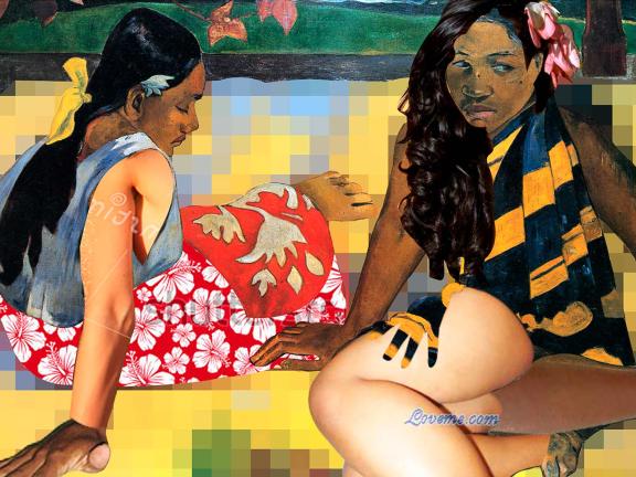Joiri Minaya, Sex tourist and white local predator painting in Art History #1 (After Gauguin #3), 2015. 