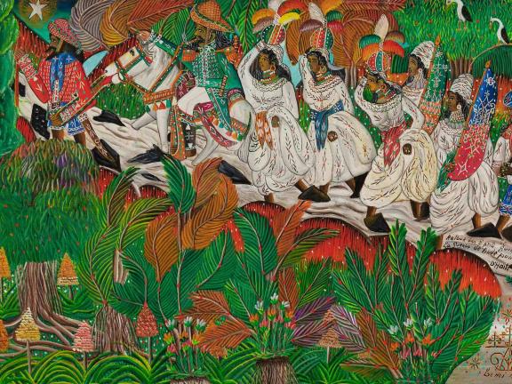 Detail of a vibrantly colored scene with figures in white clothing surrounded by tropical foliage
