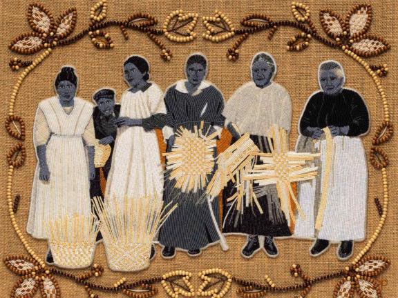 Beaded portrait of a family.