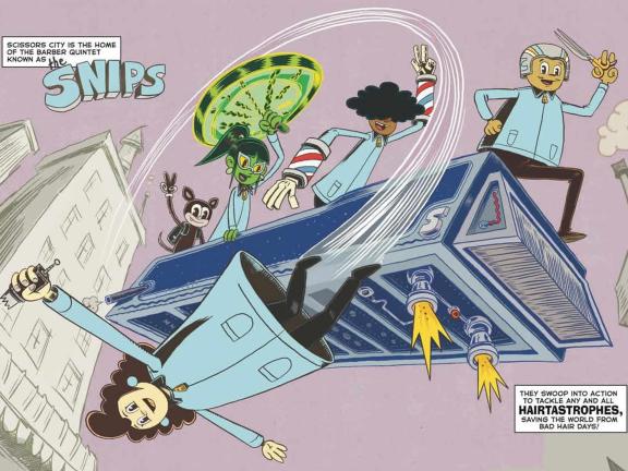 A comic-book-style illustration shows the Snips, a group of barbers in Scissor City who take action against bad hair days
