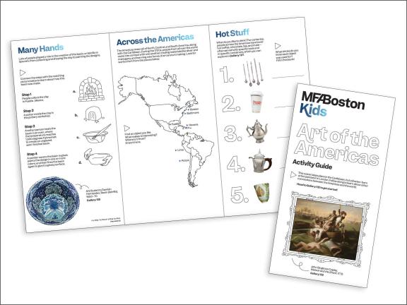 Art of the Americas kids guide pamphlet featuring map of the Americas and activities related to ceramic bowls and drink ware