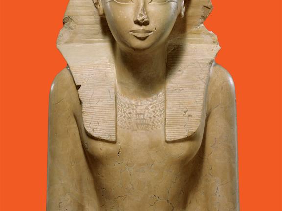 Unknown artist, seated statue of Hatshepsut (detail), Egyptian, New Kingdom, Dynasty 18, joint reign of Hatshepsut and Thutmose III, about 1479–1458 BCE. Indurated limestone, paint. The Metropolitan Museum of Art, New York; Rogers Fund, 1929. Image copyright © The Metropolitan Museum of Art. Image source: Art Resource, NY.
