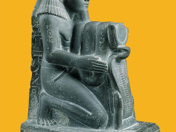 Unknown artist, kneeling statue of Senemut, chief steward of Queen Hatshepsut, Egyptian, New Kingdom, Dynasty 18, reign of Hatshepsut, 1473–1458 BCE. 