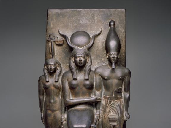 Unknown artist, King Menkaura, the goddess Hathor, and the deified Hare nome, Egyptian, Old Kingdom, Dynasty 4, reign of Menkaura (detail), 2490–2472 BCE
