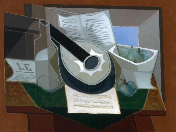 Cubist still life featuring a mandolin, sheet music, pears in a bowl, a bottle, and a newspaper with "LE" visibl