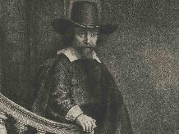 A bearded man in 17th-century attire and wide-brimmed hat leans on a stone balustrade