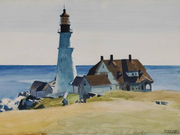 Water color painting of coastal scene features a tall, white lighthouse beside rustic buildings. 