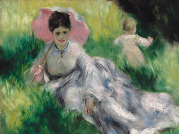 Pierre-Auguste Renoir, Woman with a Parasol and Small Child on a Sunlit Hillside, about 1874–76