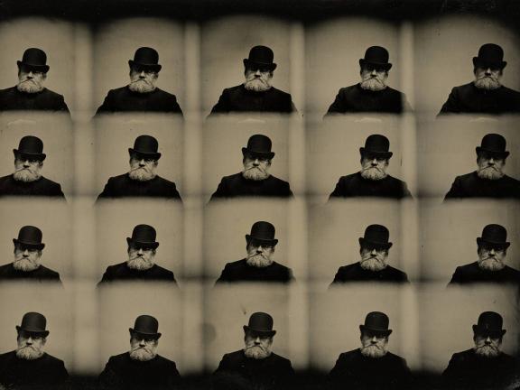 A sepia-toned collage features a bearded man in a bowler hat, repeated in 20 portraits