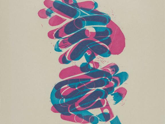 Woodblock print of abstracted hands with fingers laced.