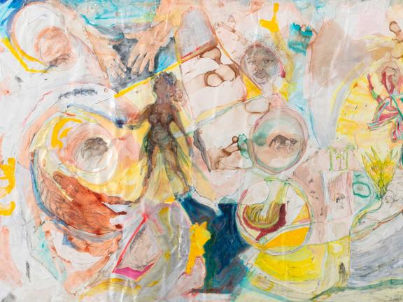 Colorful abstract artwork with layered textures, including hands, faces, and circular shapes.