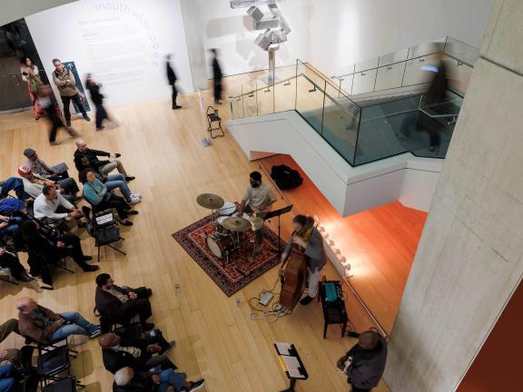 A Sound Bites concert, as seen from above, taking place in the Linde Family Wing for Contemporary Art