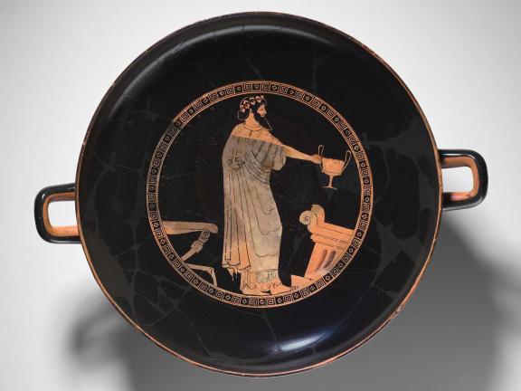 Attributed to Douris, drinking cup (kylix) with Dionysiac scenes, Greek, late Archaic or early Classical period, about 480 BCE