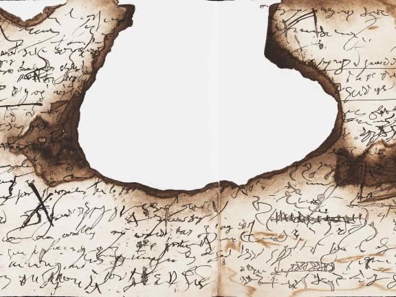 detail of two-page spread with gibberish handwritten text, with the center burned out