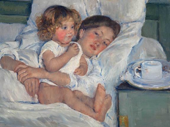 Painting depicting young child sitting and eating in bed, held by reclining mother