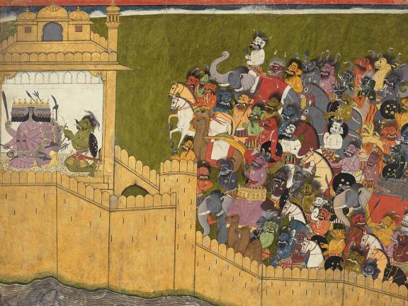 A colorful army on horseback and elephant-back waits outside of a walled city while a green monstrous-looking man talks to a purple king with many heads inside a palace.