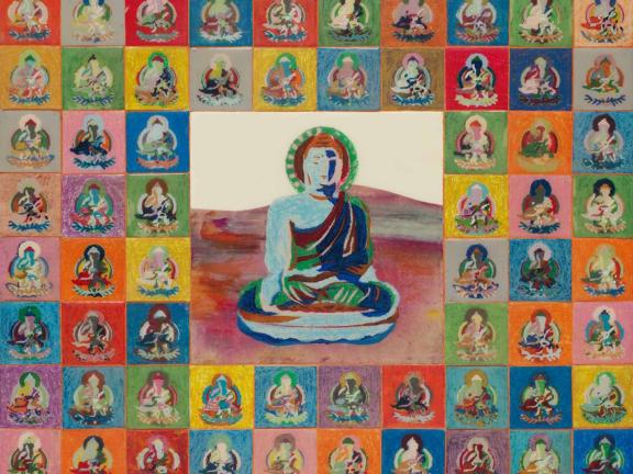 A colorful buddha sits surrounded by many other colorful buddhas.