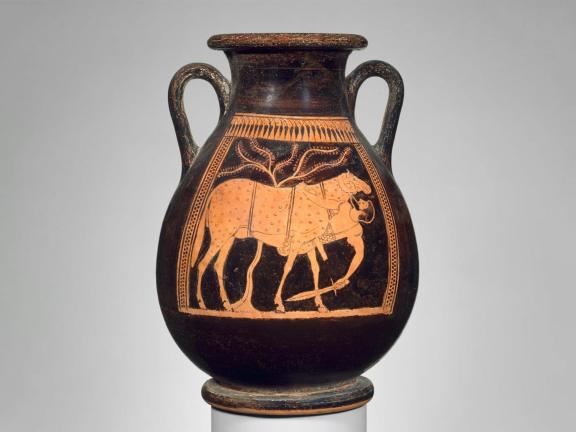 A red-figure ceramic jar with a man tied underneath a sheep.