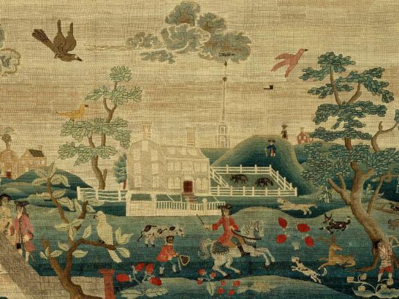 A tapestry with scenes of Boston common around the 1750s.