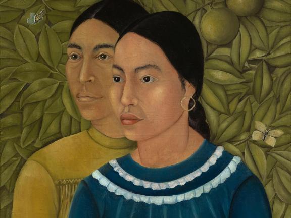 detail of Kahlo painting depicting two sisters in front of leafy background