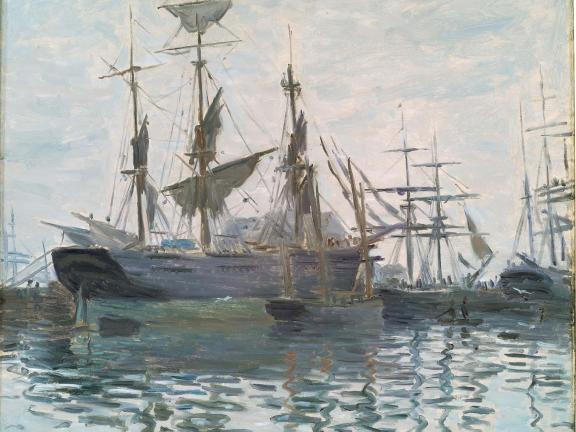 Impressionist Monet painting depicting tall ships in harbor