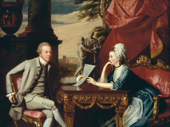 Copley painting depicting couple, with mean seated and woman leaning over table between them