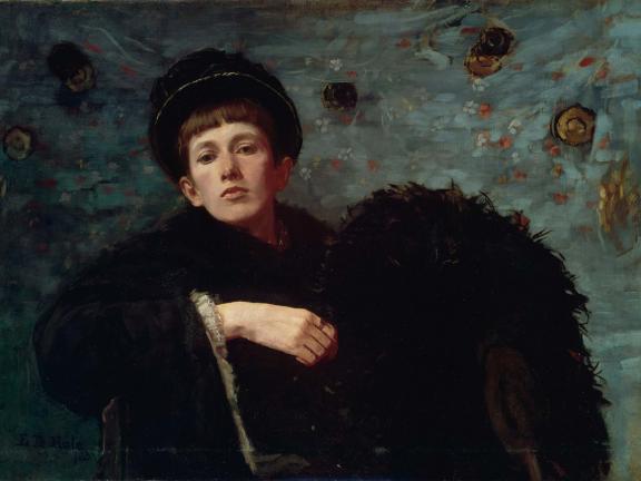 self-portrait of Ellen Day Hale, woman wearing black coat and hat, against dark blue background