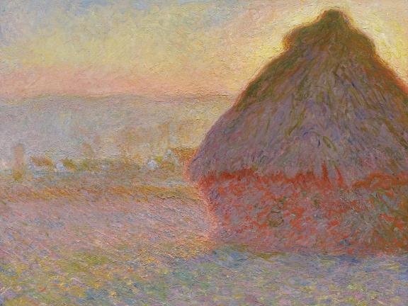 Impressionist painting depicting large grainstack during sunset, with the grainstack and surrounding environments lit in warm hues