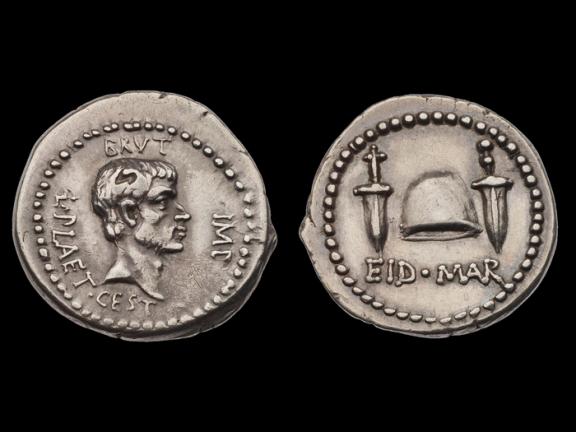 two sides of denarius coin with head of M. Junius Brutus