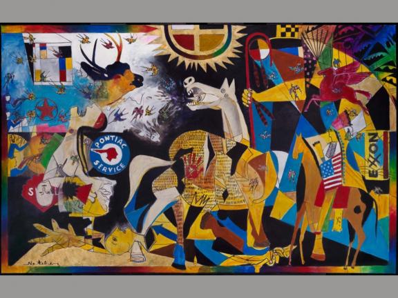 mixed media piece depicting battle