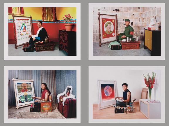 grid of four photographs depicting person in the same pose in different settings