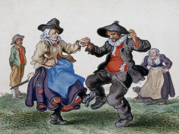 Adriaen Van De Venne, (Watercolor) An Old Peasant Couple Dancing, 1625