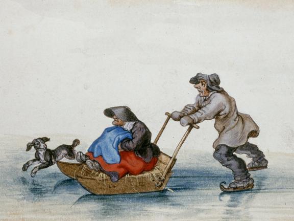 Adriaen Van De Venne, (Watercolor) A Peasant Pushing a Woman on a Sledge, 1625
