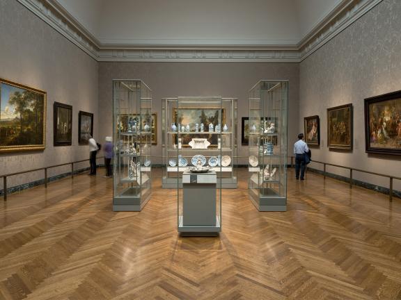 Art of the Netherlands in the 17th Century gallery, looking at the central display cases