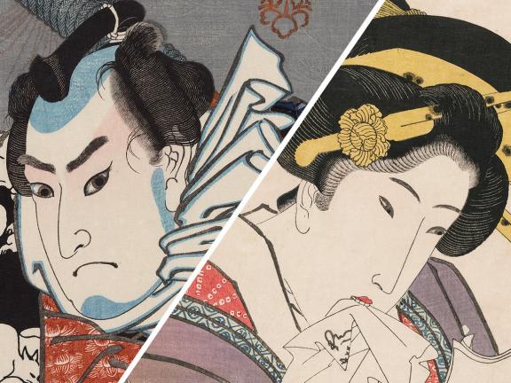 Utagawa Kuniyoshi's print, Nozarashi Gosuke, to the left of Utagawa Kunisada I's print, The In-demand Type (Yoku uresô)