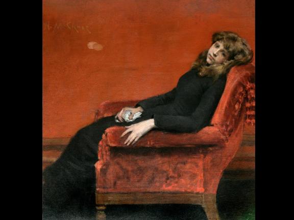 Painting of woman slumped in a chair