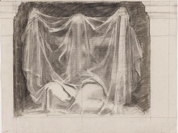 drawing of kneeling figure holding translucent veil