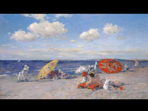 Impressionist painting of beach with umbrellas