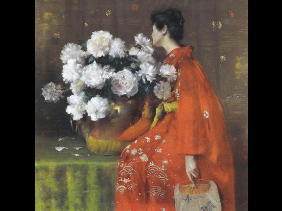 Portrait of woman in kimono facing peonies 