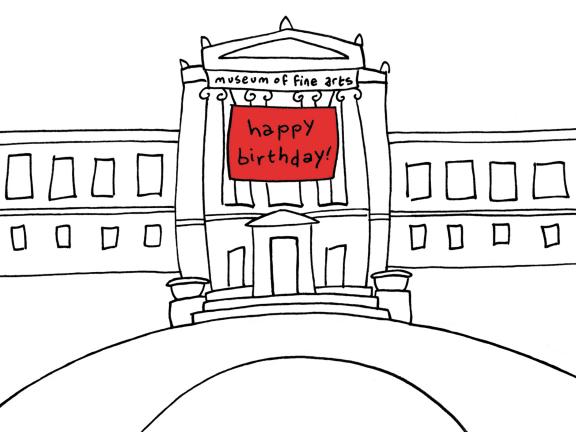 Drawing of Museum facade with Happy Birthday sign