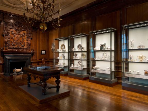 View of Hamilton Palace Dining Room, with display cases of silverware