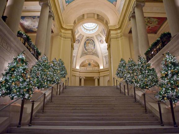 View of Rotunda from Huntington Avenue Entrance stairs, lights and holiday decorations
