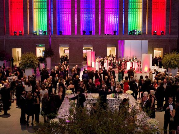 Black-tie party in Shapiro Family Courtyard, view of rainbow lights in alcoves west side