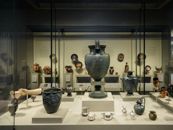 View of pottery displayed in case in Dionysos and the Symposium Gallery