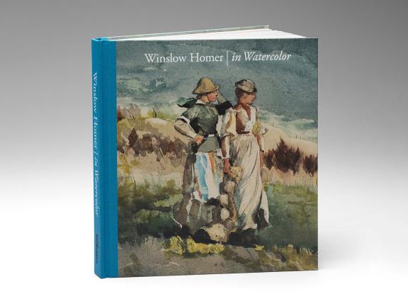 Image of book cover: Winslow Homer in Watercolor. Featuring a blue cloth spine and a watercolor of two women standing on the dunes