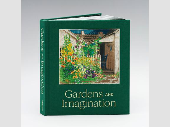 Image of book cover, Gardens and Imagination. A dark green cloth cover with an image of a block print with yellow, orange, and purple flowers and greenery in front of an adobe home. 