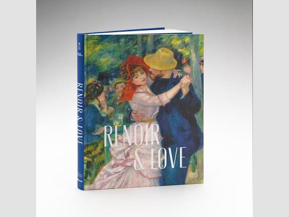 Book cover image for Renoir and Love, featuring a couple dancing. A woman wearing a red hat and light pink dress dances with a man wearing a blue suit and straw hat. Other people socialize in the background.