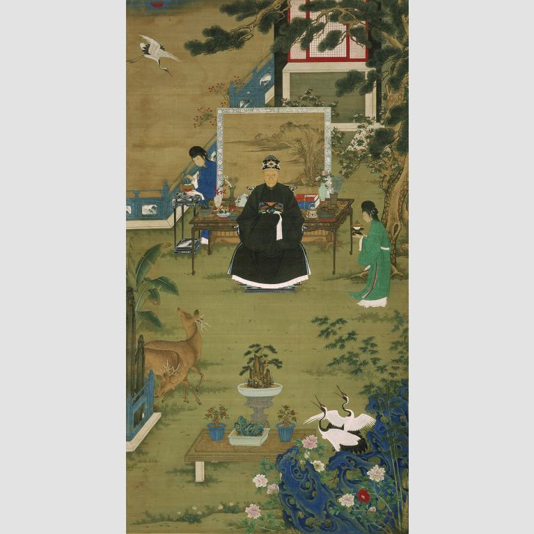 scroll portrait of older woman sitting in garden wearing black rode, attended to by servants carrying ceramic cups; cranes and deer abound amidst plants in garden